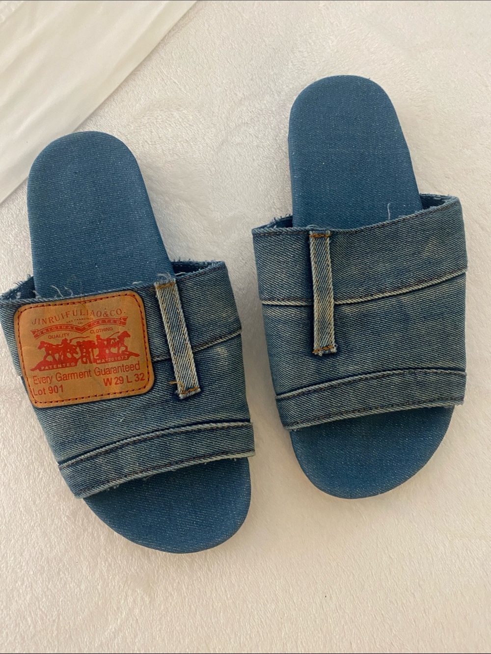 Levi's Blue Denim Slide Sandals with Leather Patch